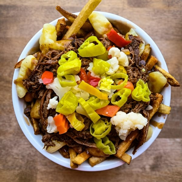 A bowl of The Flying V's comfort-food poutine with fries, pulled pork, cheese curds, and pickled vegetables.