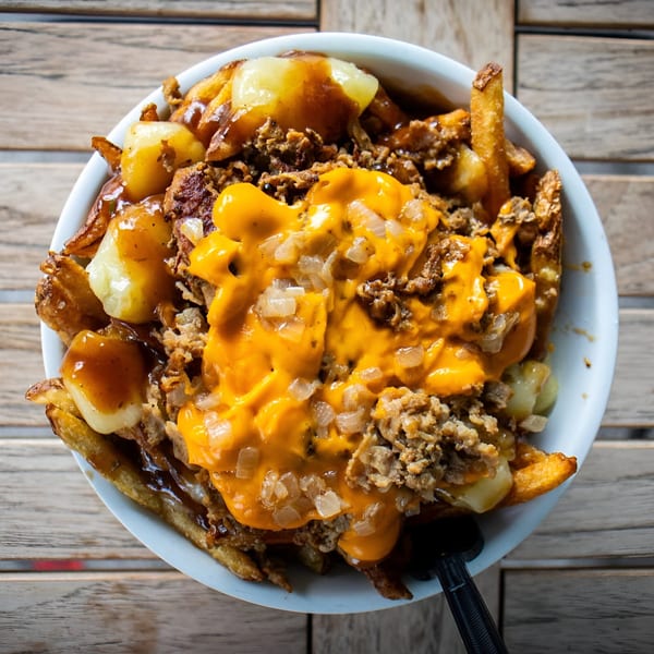 A close-up of The Flying V's poutine, topped with gravy, cheese curds, ground meat, and cheese sauce.