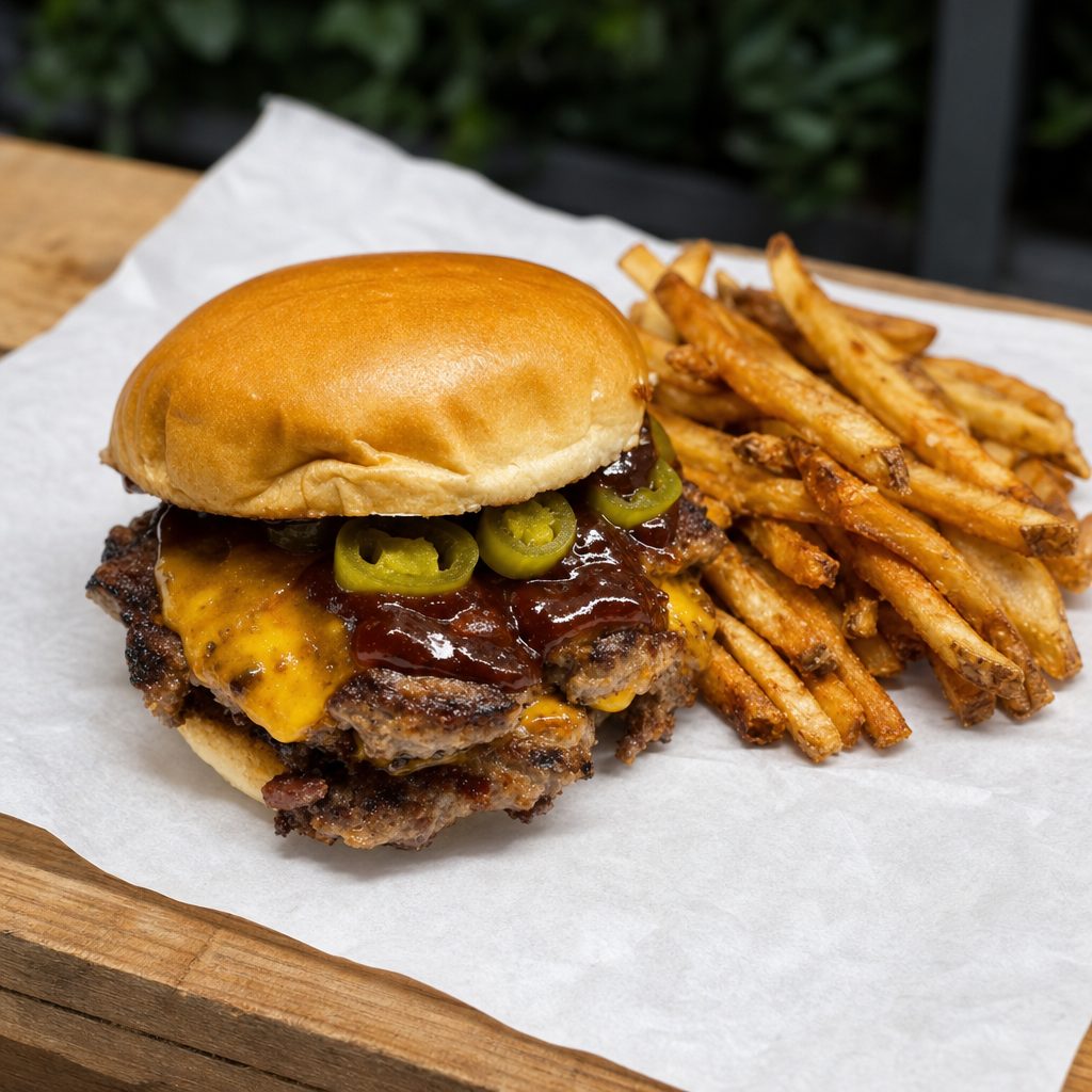 Cowboy Burger and fries.